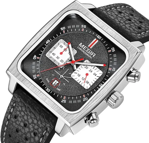 Vista 2 de MEGIR Relojes de cuarzo de 24 horas con esfera cuadrada para hombre, correa de cuero de moda, estilo casual