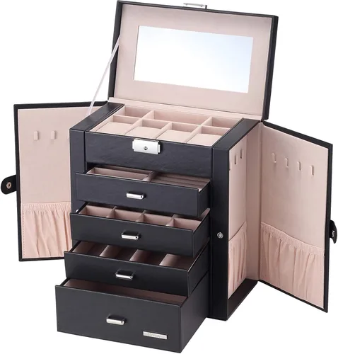 Vista 2 de Homde Paquete de caja de joyería negra una enorme caja de joyería + una caja de joyería negra con 10 cajones