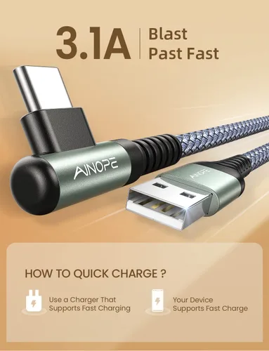 Vista 3 de AINOPE Cable USB C de 0.5 pies, cable de carga rápida tipo C de 3.1A en ángulo recto, cable de carga USB C trenzado de nailon duradero compatible