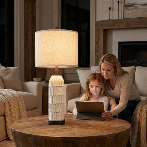 Vista 7 de OYEARS Juego de 2 lámparas de mesa de noche de 26.5 pulgadas, lámpara de mesa de granja con puertos de carga USB A+C, lámpara de mesita de noche