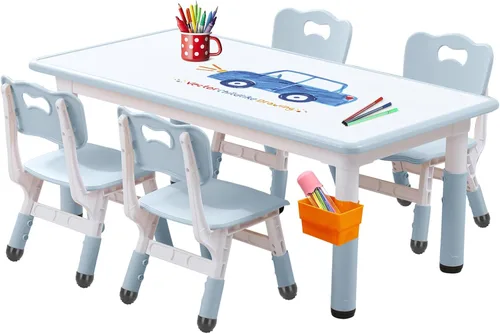 Vista 11 de Juego de mesa y silla para niños, juego de mesa y sillas para niños, altura ajustable, patas y organizador de mesa antideslizantes, escritorio