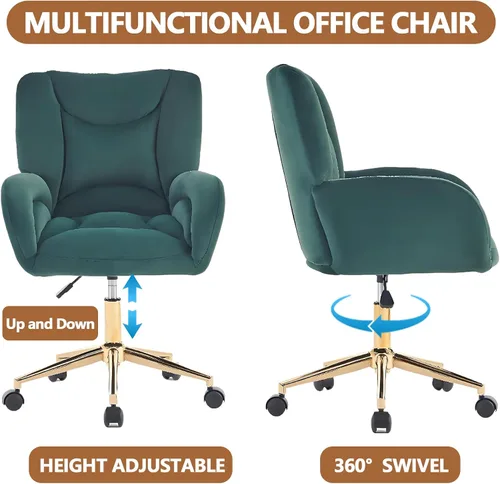 Vista 3 de Silla de escritorio de terciopelo suave cómoda con patas y ruedas de metal dorado, silla de oficina cómoda giratoria de 360 grados con altura Verde