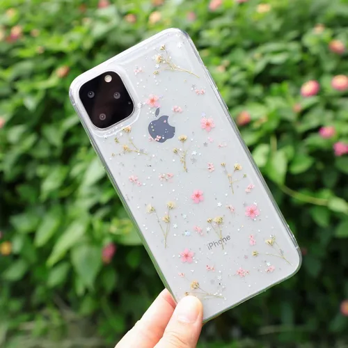 Vista 3 de Compatible con iPhone 15 Pro Max Flower Case, funda de goma suave y flexible prensada seca con flores reales para niñas, funda transparente