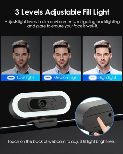 Vista 4 de Cámara web 2K 50FPS para PC/Mac, cámara de computadora con luces RGB de relleno, 2 micrófonos con cancelación de ruido, enfoque automático y trípode