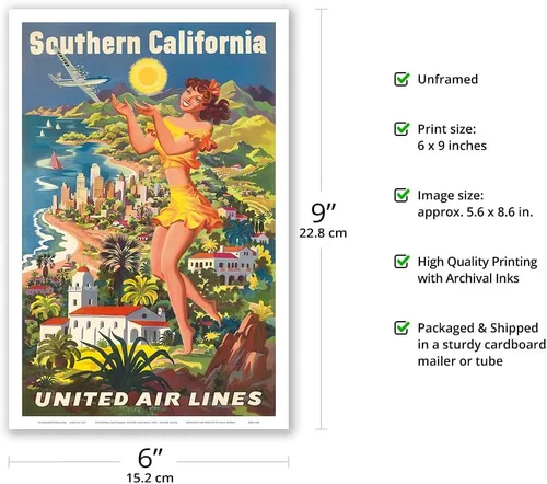 Vista 2 de Southern California - United Air Lines - Vintage Airline Travel Poster by Joseph Fehér c.1950 - Master Art Print (Unframed) 6in x 9in