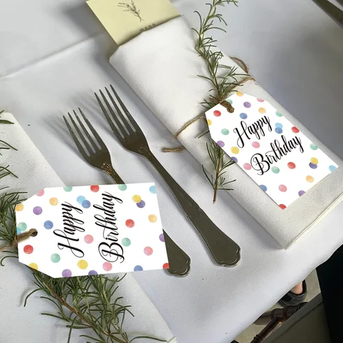 Vista 7 de Etiquetas de regalo de cumpleaños Anwyll - 50 piezas con cuerda para regalos, recuerdos de fiesta, baby shower - Etiquetas de papel con puntos