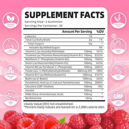 Vista 2 de Gomitas de complejo de vitamina B, todas las vitaminas B + metilo B12, B1, B2, B3, B5, B6, biotina, metilfolato, vitamina C, colina, inositol, PABA