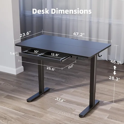 Vista 3 de YDN Escritorio de pie con cajón de 48 x 24 pulgadas eléctrico de altura ajustable negro Steel frame supports 176 lbs, 28.3 to 46.5 inch height