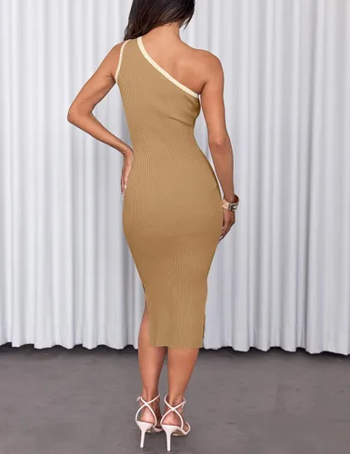 Vista 4 de ZESICA Vestido midi ajustado de verano con un hombro descubierto para mujer, casual, sin mangas, de punto acanalado, con abertura lateral