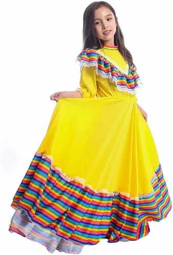 Vista 6 de Girls Mexican Dress Folklorico Traditional Dresses Holiday Toddler Dance Skirt Kids Halloween Carnival Birthday Gowns