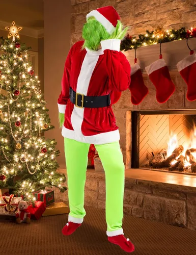 Vista 5 de Wabolay Christmas Costume for Women Adult Green Big Monster Santa Suit 7PCS Deluxe Furry Halloween Cosplay Outfit Set Xmas