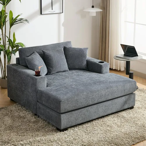 Vista 7 de Moderno sofá doble Chaise Longue con reposabrazos y respaldos irregulares, reposapiés con espacio de almacenamiento, sofá cama para sala de estar