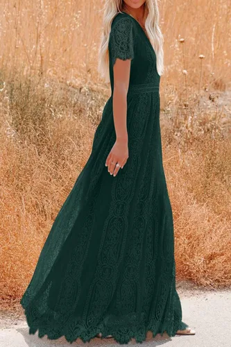 Vista 8 de PRETTYGARDEN - Vestido largo de encaje floral para mujer, manga corta, cuello en V, vestidos de fiesta para boda y para la noche