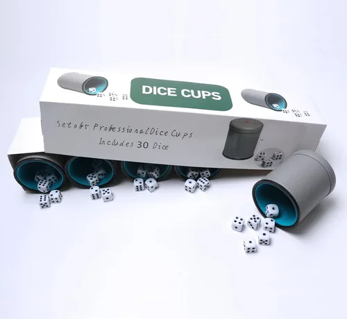 Vista 7 de Paquete de 5 dados de piel sintética con forro de fieltro silencioso con 30 dados de puntos para juegos de dados Yahtzee Farkle, gris