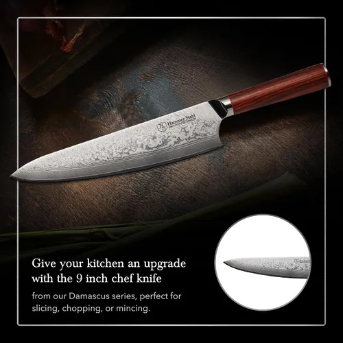 Vista 5 de Hammer Stahl Cuchillo de chef de Damasco de 9 pulgadas Cuchillo de cocina profesional con mango de palisandro Cuchillo de cocina de Damasco