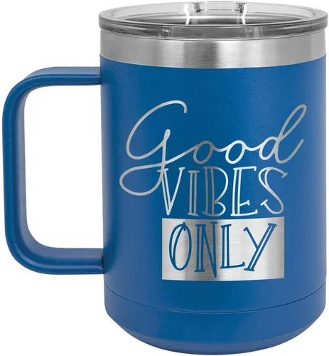 Vista 10 de Good VIBES SOLO Taza de café de 15 oz con tapa superior deslizante Taza de café de viaje aislado Ideas de regalo de cumpleaños o Navidad de Negro