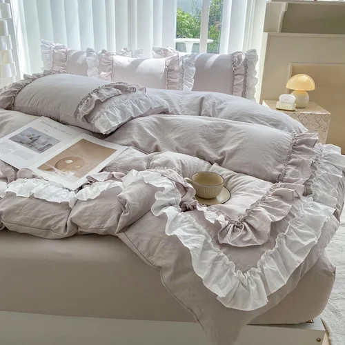 Vista 11 de Shabby Chic - Juego de ropa de cama de 2 piezas, juego de funda de edredón vintage con volantes de 2 capas, juego de microfibra cepillada suave