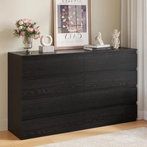 Vista 13 de Cómoda de madera negra para dormitorio, 5 cajones para almacenamiento de ropa, cómoda moderna con cajones anchos, cómoda de madera amplia para sala