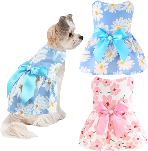 Vista 7 de 2 vestidos para perros pequeños, ropa para mascotas, vestidos de cachorro, vestido floral de verano, lindo vestido de gato femenino (S)