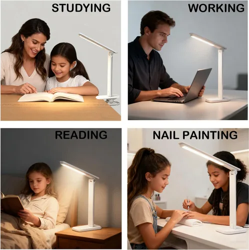 Vista 3 de Lámpara LED de escritorio, lámpara de mesa regulable, lámpara de lectura con clip y base intercambiables, 3 brillos regulables, pequeña lámpara