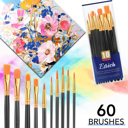 Vista 4 de Juego de pinceles de pintura ESRICH, 6 paquetes de 60 unidades, cerdas de pelo de nailon para pintura acrílica, pinceles de artista para pintura