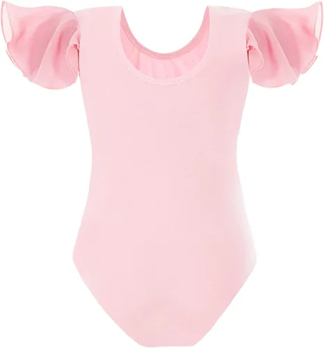 Vista 2 de Domusgo Leotardos de gimnasia de ballet con mangas con volantes para niñas y adolescentes, color rosa, negro y morado, Púrpura