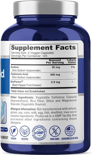 Vista 3 de NusaPure Ácido hialurónico 300 mg 250 cápsulas vegetales (sin OMG y sin gluten) Plant Based Formula, Sodium Hyaluronate, BioPerine, Suitable for