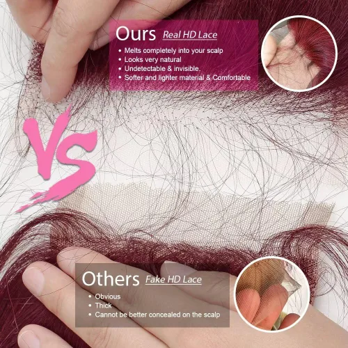Vista 5 de Pelucas de cabello humano con encaje frontal de 13 x 6 pulgadas, color borgoña 99j