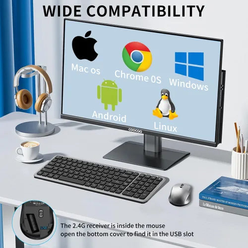 Vista 4 de Teclado y mouse inalámbricos, teclado compacto ultrafino de tamaño completo con teclado numérico, botón de calculadora, receptor USB, DPI ajustable