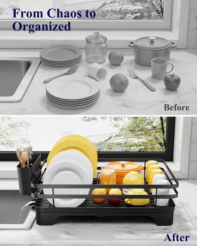 Vista 9 de Kitsure - Escurridor multifuncional para platos, 15.7 x 12.0 x 5.5 pulgadas, color negro Dish Rack for Kitchen Counter with Cutlery Holder