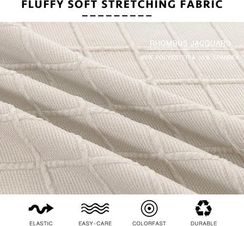 Vista 5 de Funda elástica universal para silla de comedor, diseño moderno de rombos jacquard, lavable, extraíble, funda suave y elástica (2, color blanco crema)