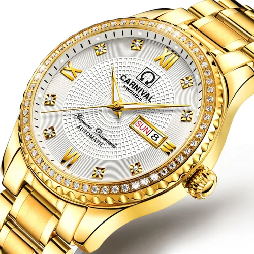 Vista 3 de CARNIVAL Mens Dial Automatic Full Gold Stainless Steel Sapphire Glass Waterproof Men Black Watch