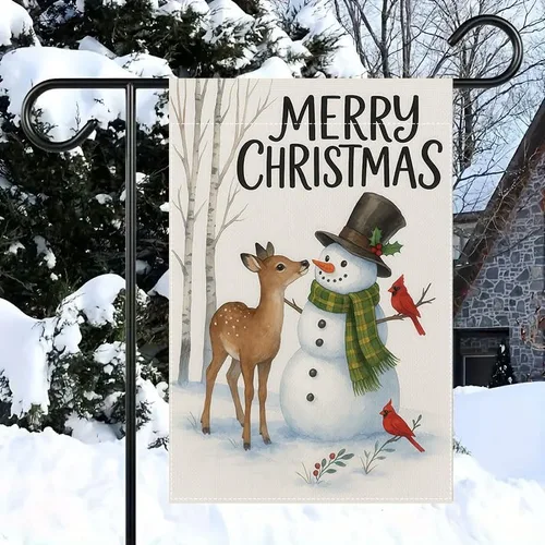Vista 13 de Bandera de jardín de Navidad ActFirst de 12 x 18 pulgadas, bandera de muñeco de nieve de familia de Navidad Feliz con árbol, pequeña decoración