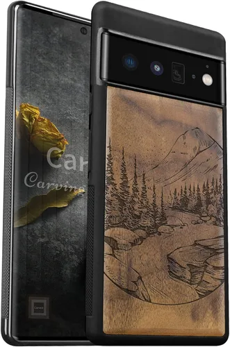 Vista 11 de Carveit Funda de madera para Pixel 6 Pro [madera natural y TPU suave negro] a prueba de golpes, funda de madera única compatible con Google Pixel 6