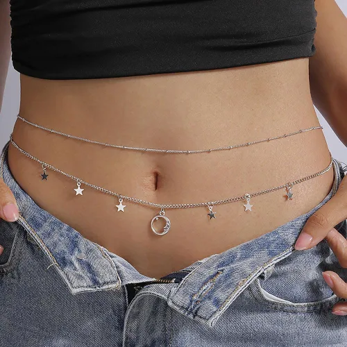 Vista 5 de Cadena de cintura con estrellas y luna en capas, cadena de vientre ajustable multicapa, cadena de vientre para verano, playa, bikini, cadena