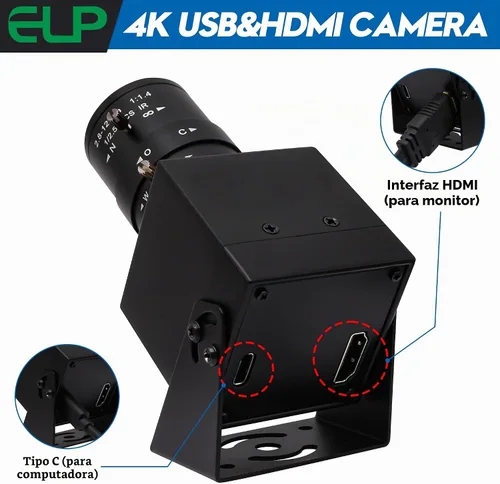 Vista 8 de ELP 4K USB HDMI Cámara Manual Zoom Webcam - Enfoque Variable H.264 Mini Cámara de Seguridad USB para Computadora Telescópica - 8mp IMX415 CCTV Lente