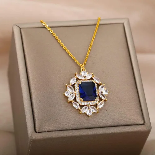 Vista 3 de LoyJoy - Collar clásico de océano para mujer collar con colgante geométrico de diamantes de imitación azul y rosa joyería fina para fiesta