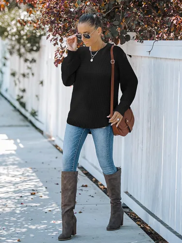 Vista 7 de MEROKEETY - Suéter de punto gofre para otoño para mujer, estilo casual, manga larga tipo globo, holgado, sin botones