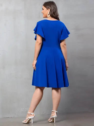 Vista 2 de Vestido de verano para mujer con mangas voladas cintura alta cuello redondo manga de mariposa dobladillo acampanado longitud hasta la rodilla