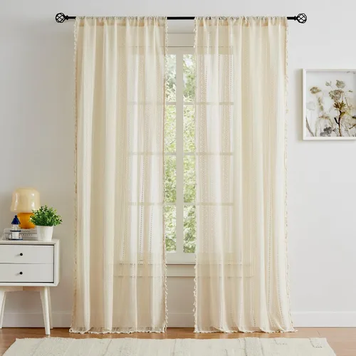 Vista 2 de Amzdecor Cortinas bohemias con borlas de encaje beige para dormitorio, sala de estar, lino texturizado elegante, patrón geométrico rústico