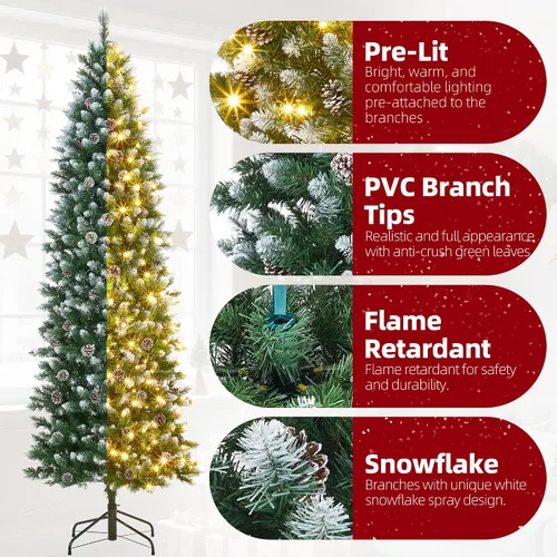 Vista 3 de Árbol de Navidad artificial flocado de nieve de 6 pies, árbol de Navidad delgado sin luz con piñas, puntas de ramas de PVC, soporte de metal