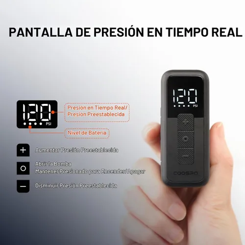 Vista 3 de COOSPO AP-X1 Mini bomba eléctrica para bicicleta, 120 PSI, medidor digital