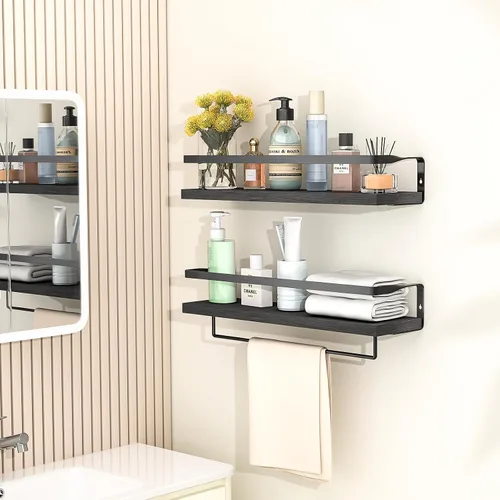 Vista 2 de Estantes de baño con toallero, estantes flotantes para baño, cocina, dormitorio, madera de paulownia, marco de metal negro mate, juego de 2