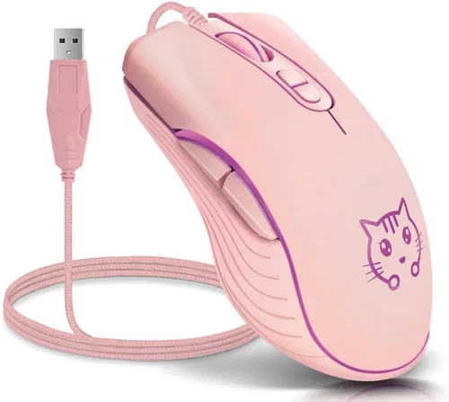 Vista 7 de CORN Ratón USB con cable para juegos, 2400 DPI, 4 niveles ajustables, mouse ergonómico para PC/computadora de escritorio/portátil, gato rosa