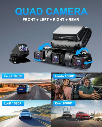 Vista 3 de PRUVEEO Cámara de tablero de 360° de 4 canales delantera y trasera interior izquierda derecha, cámara de tablero para automóviles