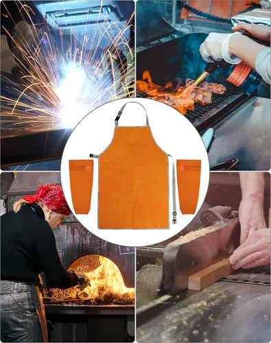 Vista 4 de QWORK Delantal y mangas de soldadura, juego de protectores de trabajo de soldadura, taller de trabajo de cuero resistente al calor y al fuego, ropa