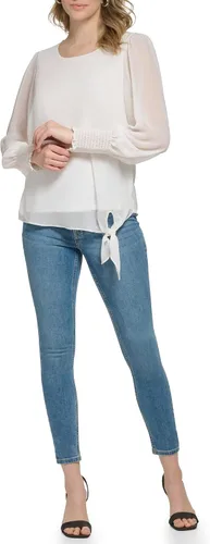 Vista 4 de Calvin Klein Blusa de manga fruncida con dobladillo de nudo mate para mujer