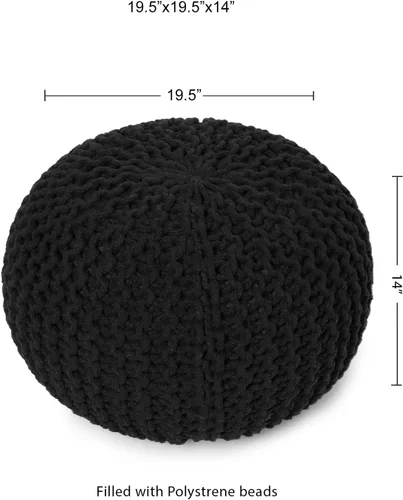 Vista 3 de REDEARTH Puf Redondo Reposapiés Otomán - Puf de Frijoles Tejido a Mano - Puf Bohemio de Cordón - Puf Reposapiés de Cable para Sala de Estar - Negro