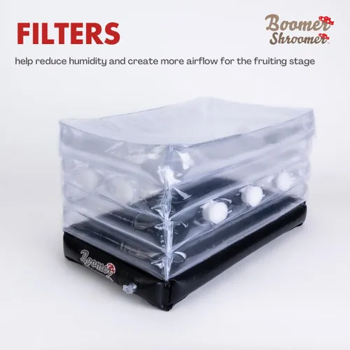 Vista 5 de Kit Inflable Monotubo Boomer Shroomer, Kit para Cultivo de Hongos Incluye Puerto de Drenaje, Tapones y Filtros, Forro Removible