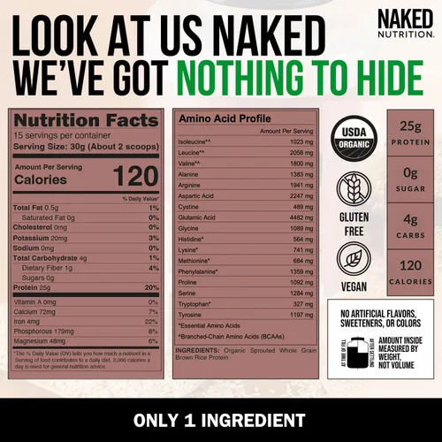 Vista 3 de Naked Rice 1 libra - Proteína orgánica de arroz integral, proteína vegana en polvo, sin OMG, sin gluten y sin soja. Proteína a base de plantas, sin